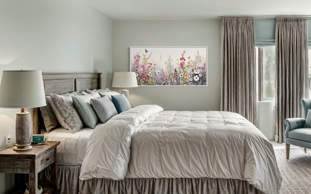 Pink Grey Wildflowers Field Framed Canvas Wall Art