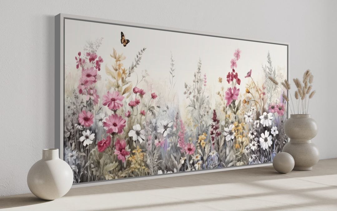 Pink Grey Wildflowers Field Framed Canvas Wall Art