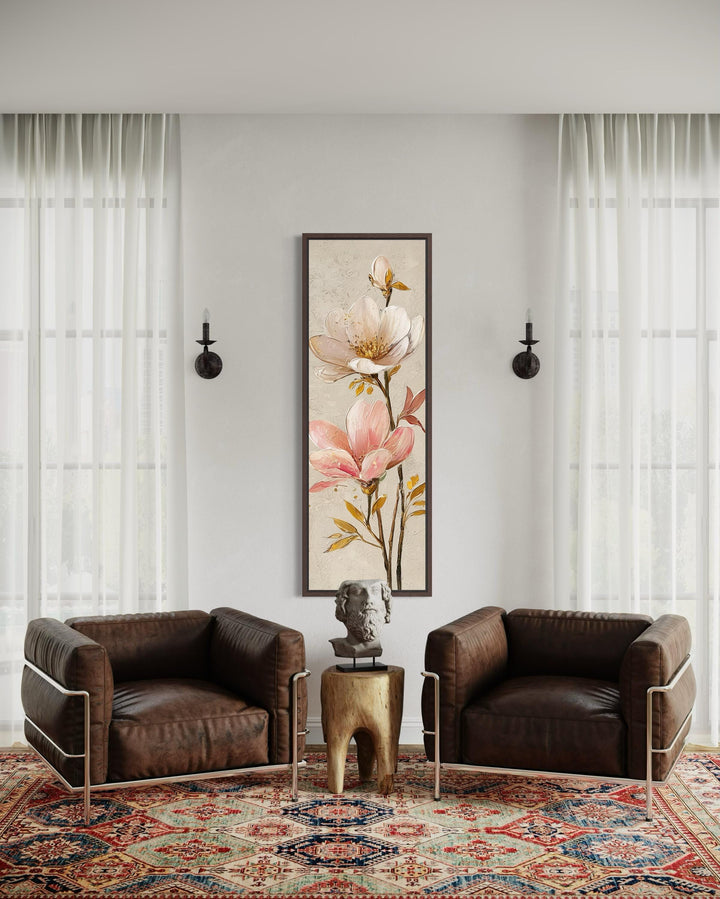 Pink Magnolia Floral Tall Vertical Canvas Wall Art