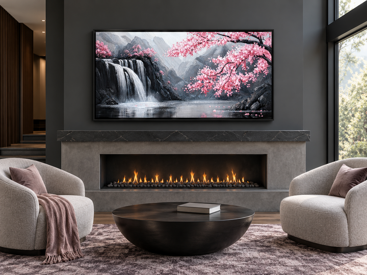 Pink cherry blossom and grey waterfall framed canvas wall art mounted above a modern fireplace.
