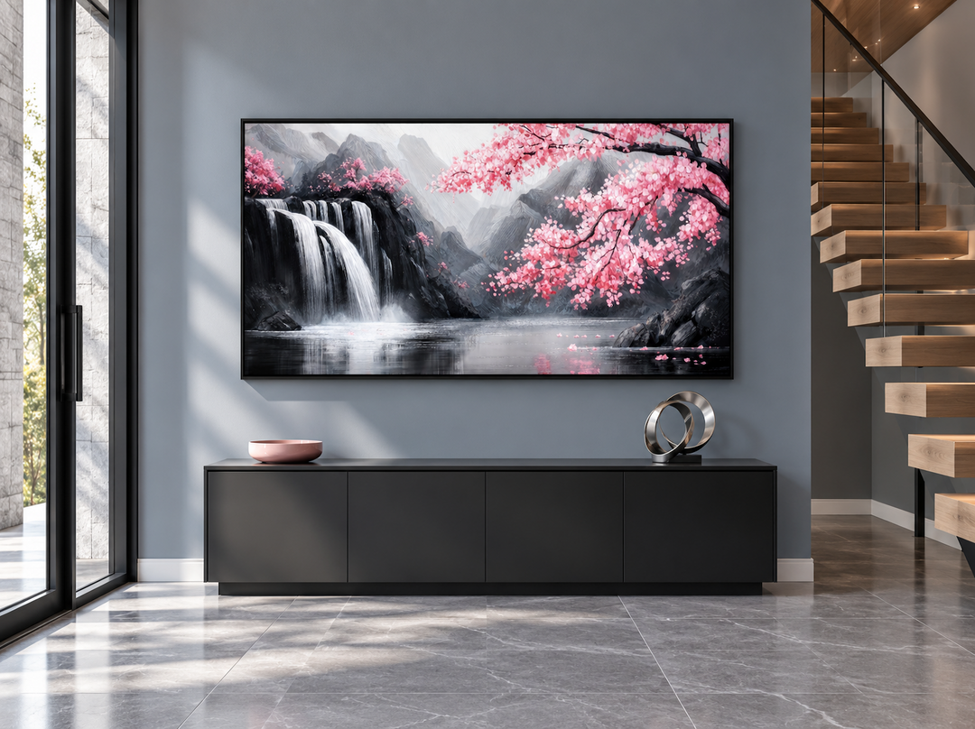 Pink cherry blossom and grey waterfall framed canvas wall art in a modern living room.