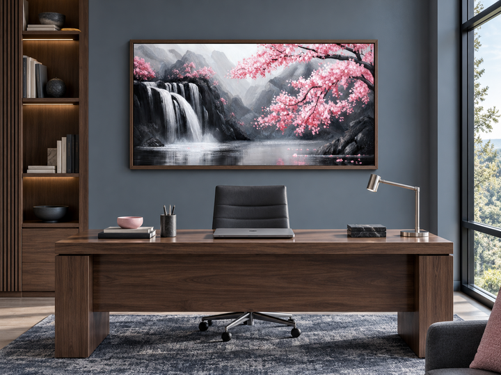 Pink cherry blossom and grey waterfall framed canvas wall art hanging above a walnut office desk.