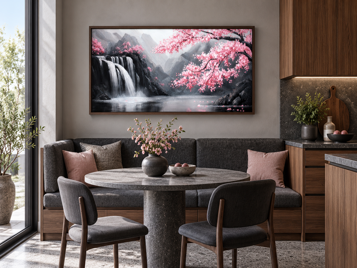 Pink cherry blossom and grey waterfall framed canvas wall art hanging in a modern breakfast nook.