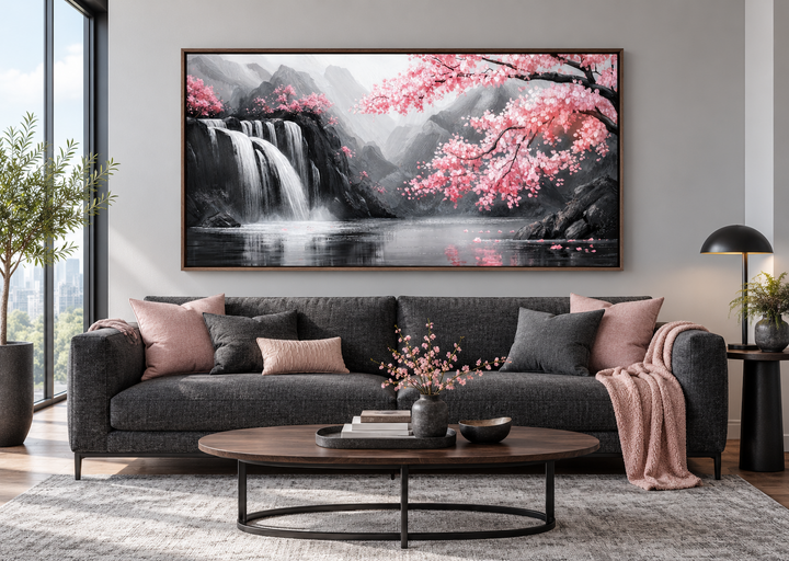 Pink cherry blossom and grey waterfall framed canvas wall art above a dark grey sofa.