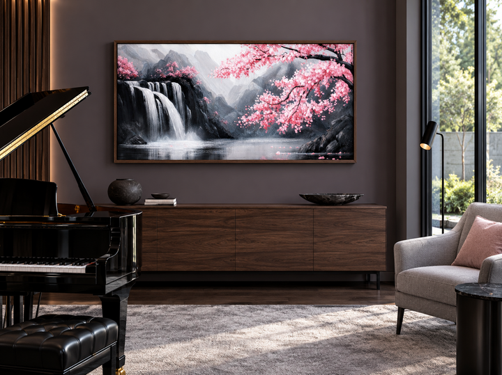 Pink cherry blossom and grey waterfall framed canvas wall art above a walnut sideboard in a room.