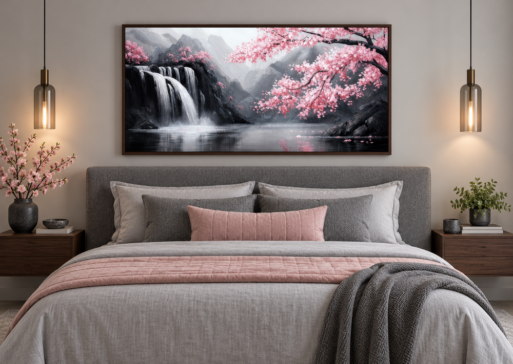 Pink cherry blossom and grey waterfall framed canvas wall art hanging above a bed in a bedroom.