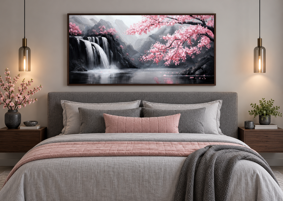 Pink cherry blossom and grey waterfall framed canvas wall art hanging above a bed in a bedroom.