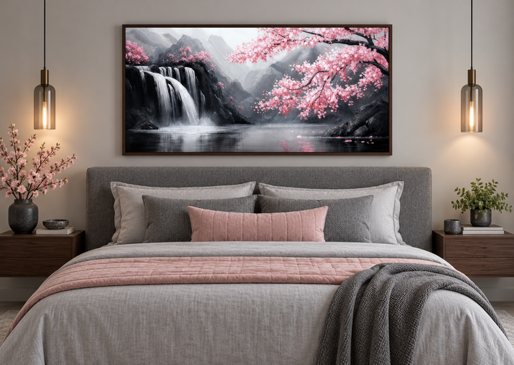 Pink cherry blossom and grey waterfall framed canvas wall art hanging above a bed in a bedroom.