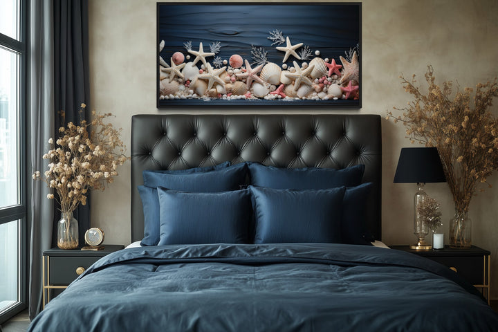 Pink Starfish And Seashells Painting On Navy Blue Wood Texture Coastal Bathroom Wall Art