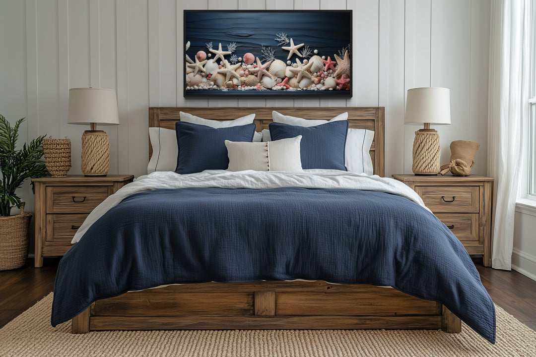 Pink Starfish And Seashells Painting On Navy Blue Wood Texture Coastal Bathroom Wall Art