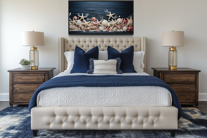 Pink Starfish And Seashells Painting On Navy Blue Wood Texture Coastal Bathroom Wall Art
