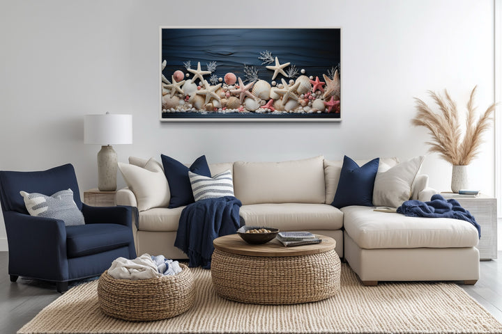 Pink Starfish And Seashells Painting On Navy Blue Wood Texture Coastal Bathroom Wall Art