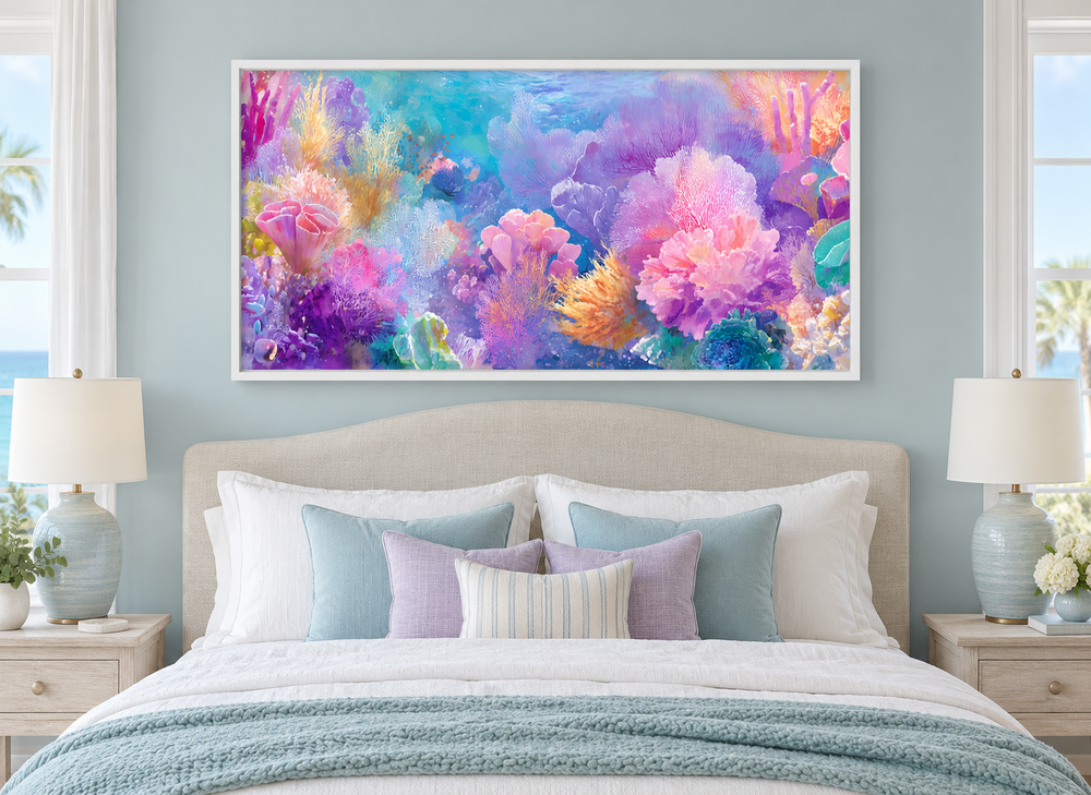 Panoramic coral reef canvas print in a white frame above a bed with teal and pink pillows.