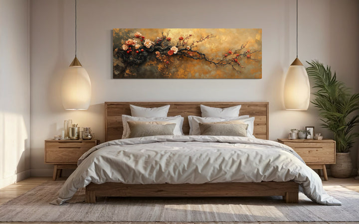 Pink Tree Blossoms On Gold Background Long Horizontal Above Bed Wall Art