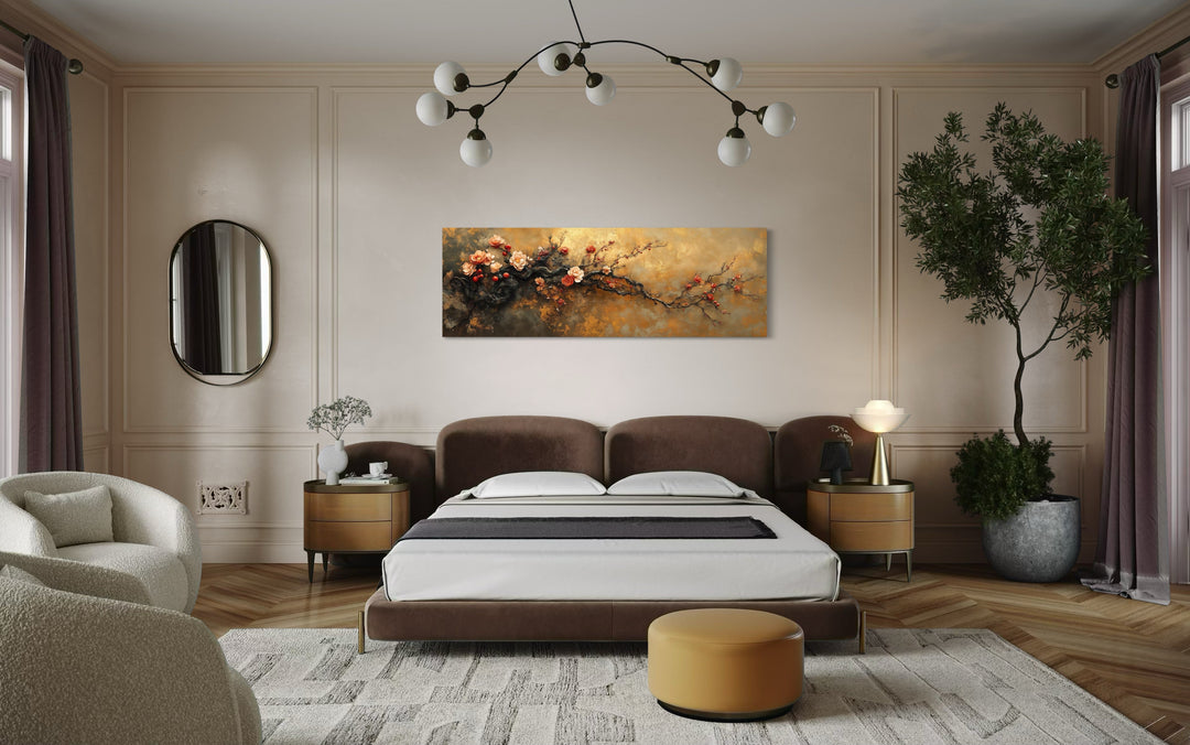 Pink Tree Blossoms On Gold Background Long Horizontal Above Bed Wall Art