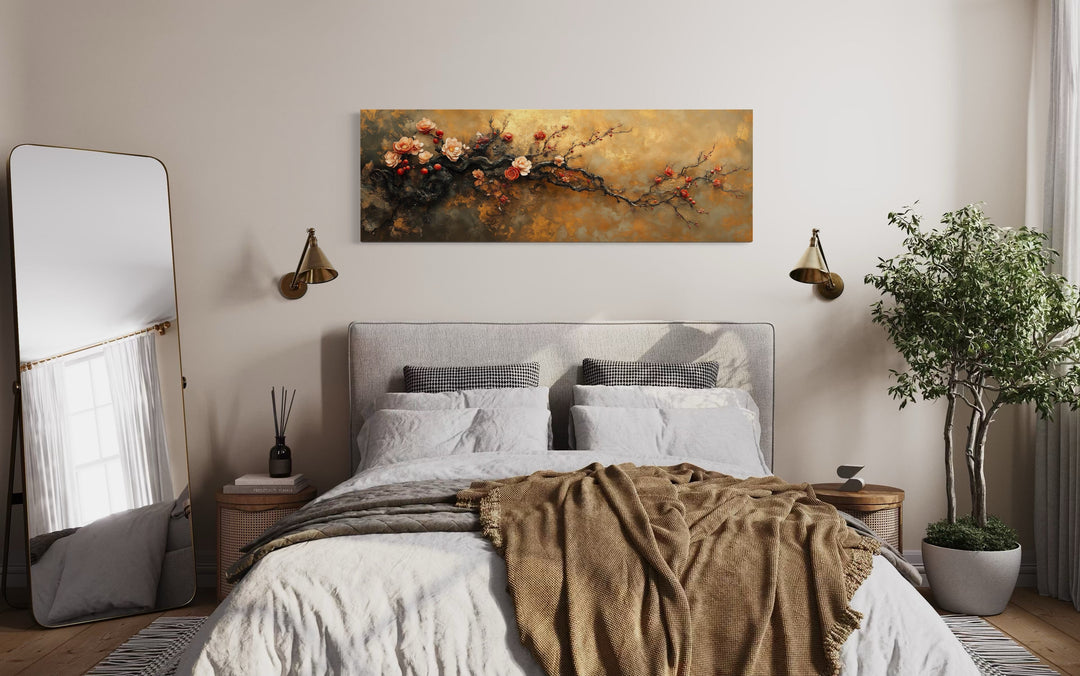 Pink Tree Blossoms On Gold Background Long Horizontal Above Bed Wall Art