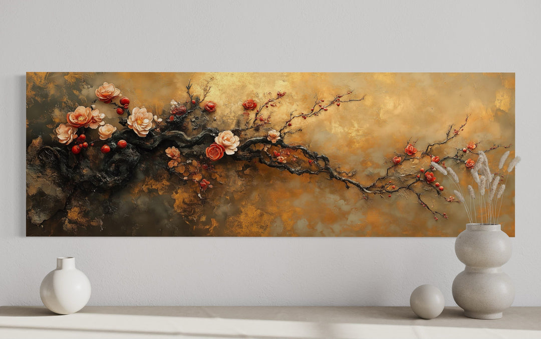 Pink Tree Blossoms On Gold Background Long Horizontal Above Bed Wall Art