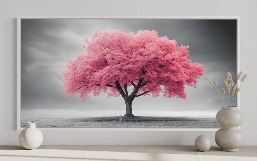 Pink Tree on Black White Background Extra Large Framed Canvas Wall Art