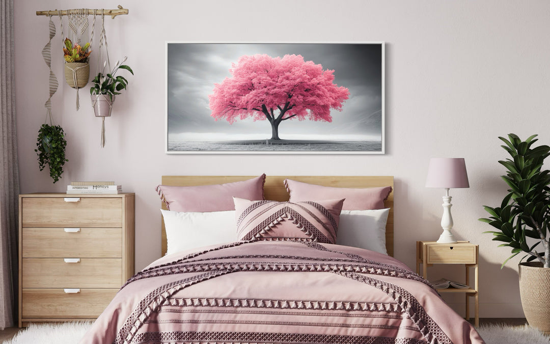 Pink Tree on Black White Background Extra Large Framed Canvas Wall Art