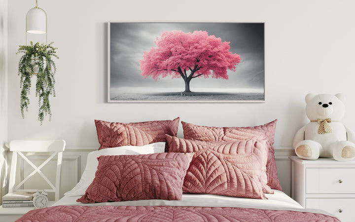 Pink Tree on Black White Background Extra Large Framed Canvas Wall Art