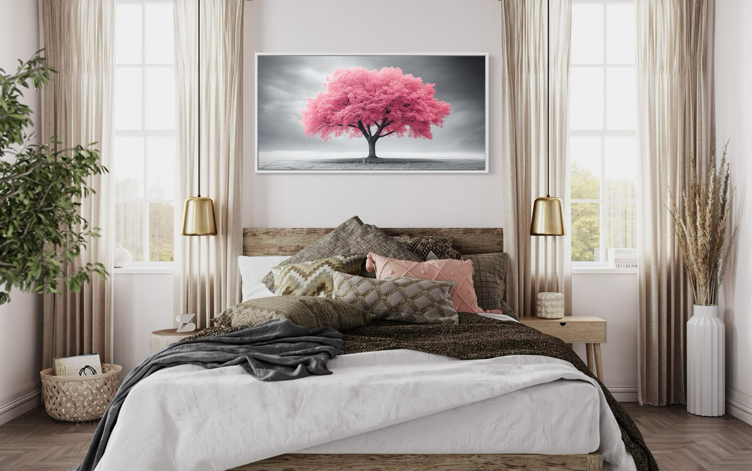 Pink Tree on Black White Background Extra Large Framed Canvas Wall Art