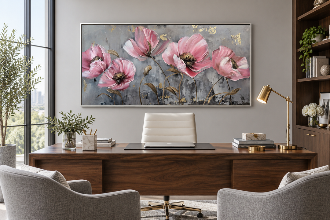 Pink abstract floral canvas print with gold accents above a modern wooden desk in a home office.
