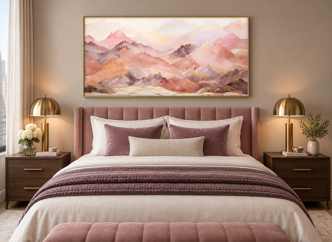 Pink and brown abstract marble mountain landscape framed canvas wall art above a bed.