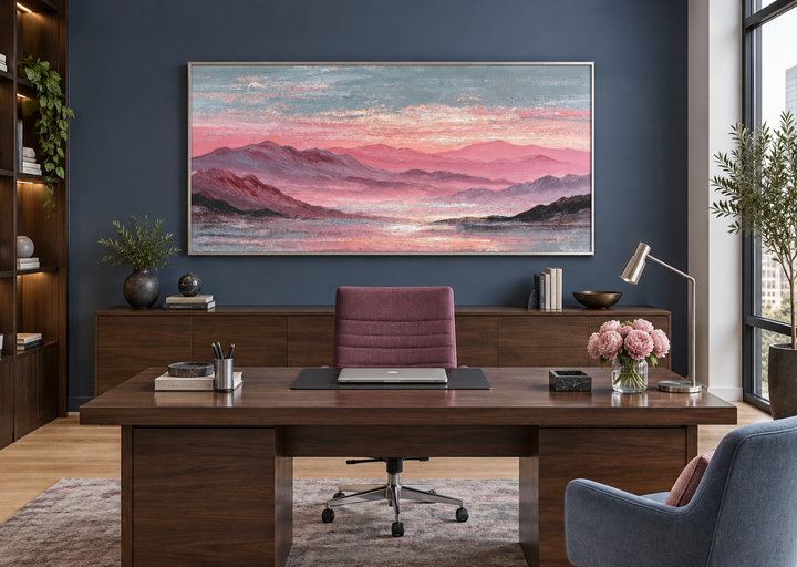 Large horizontal pink mountain landscape canvas print above a dark wood desk in a modern office.