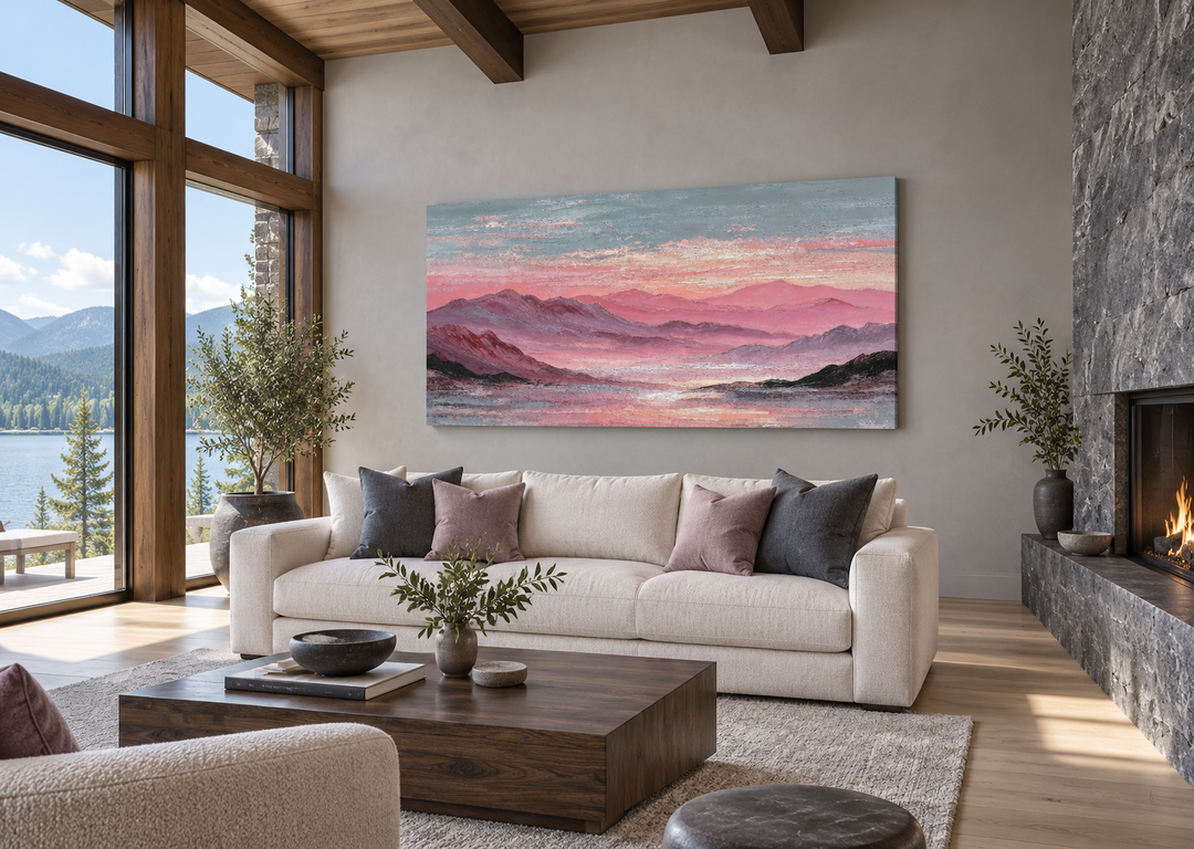 Large pink mountain landscape canvas print above a white sofa in a modern living room.