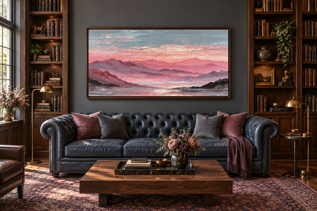 Pink mountain landscape canvas print above a dark leather sofa in a wood-paneled library.