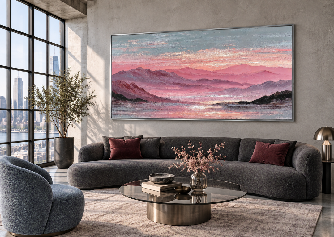 Large horizontal pink mountain landscape canvas print above a dark grey sofa in a modern room.