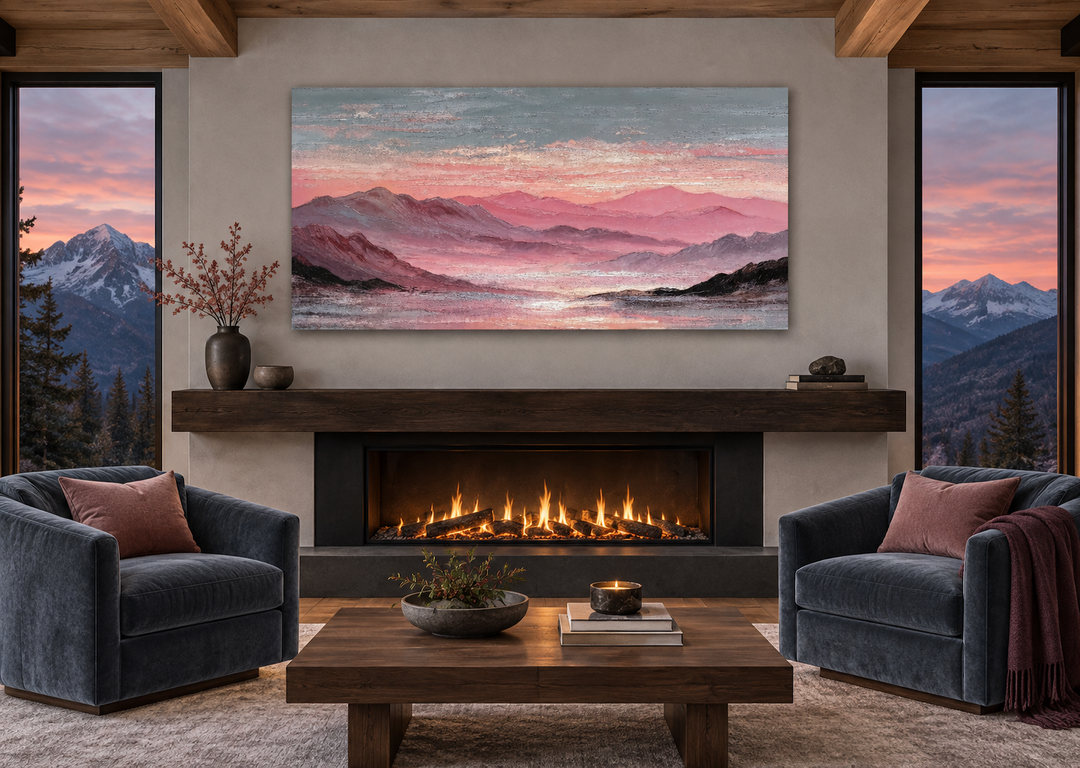 Pink mountain landscape canvas print above a fireplace in a modern living room with mountain views.