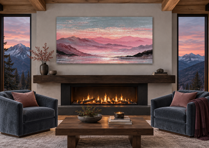 Pink mountain landscape canvas print above a fireplace in a modern living room with mountain views.