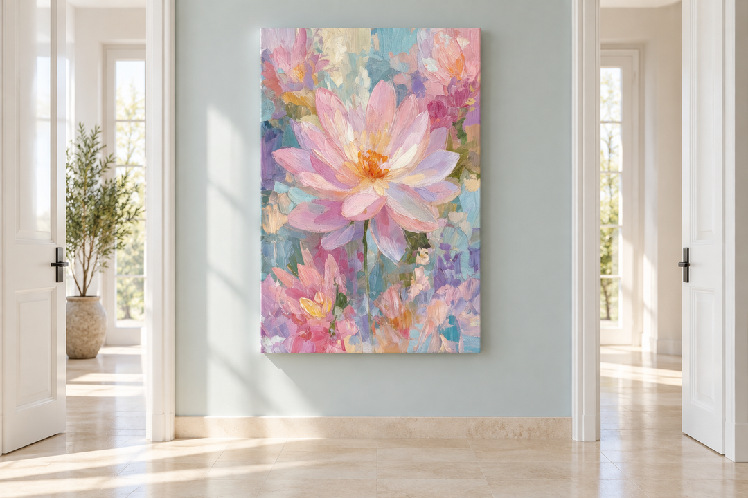 Vertical canvas wall art of a pink lotus flower in an impressionist style on a light blue wall.