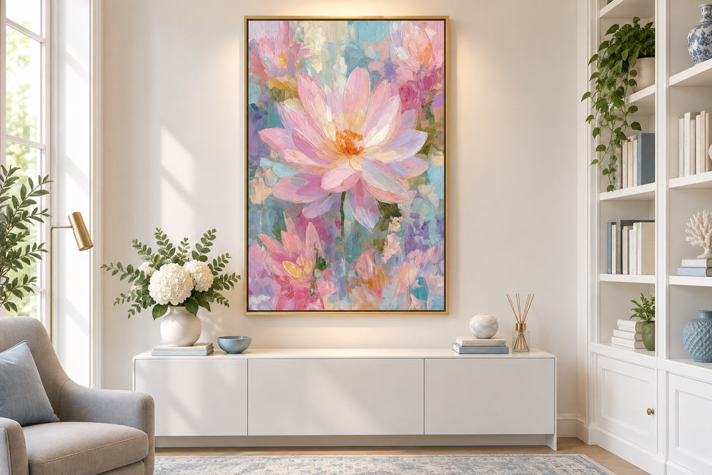 Vertical canvas wall art of a pink lotus flower in a gold frame above a white console table.