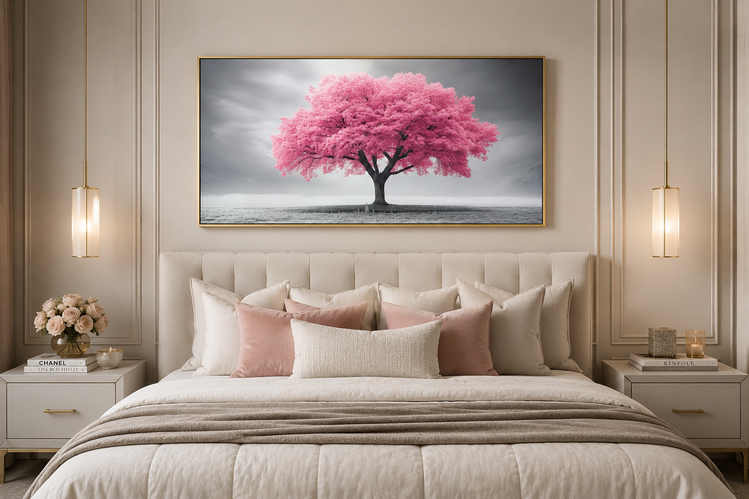 Extra large framed canvas wall art featuring a vibrant pink tree on a grayscale background.