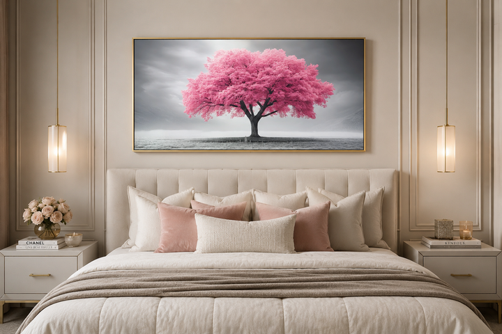 Extra large framed canvas wall art featuring a vibrant pink tree on a grayscale background.