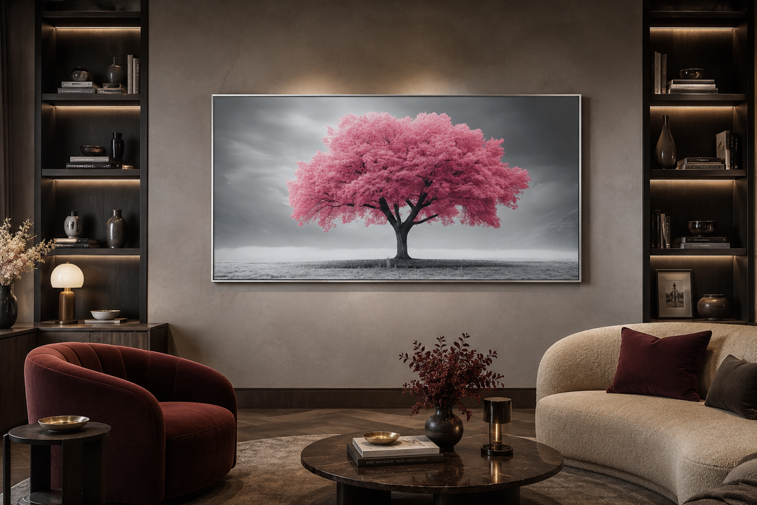Extra large framed canvas wall art featuring a vibrant pink tree on a black and white background.