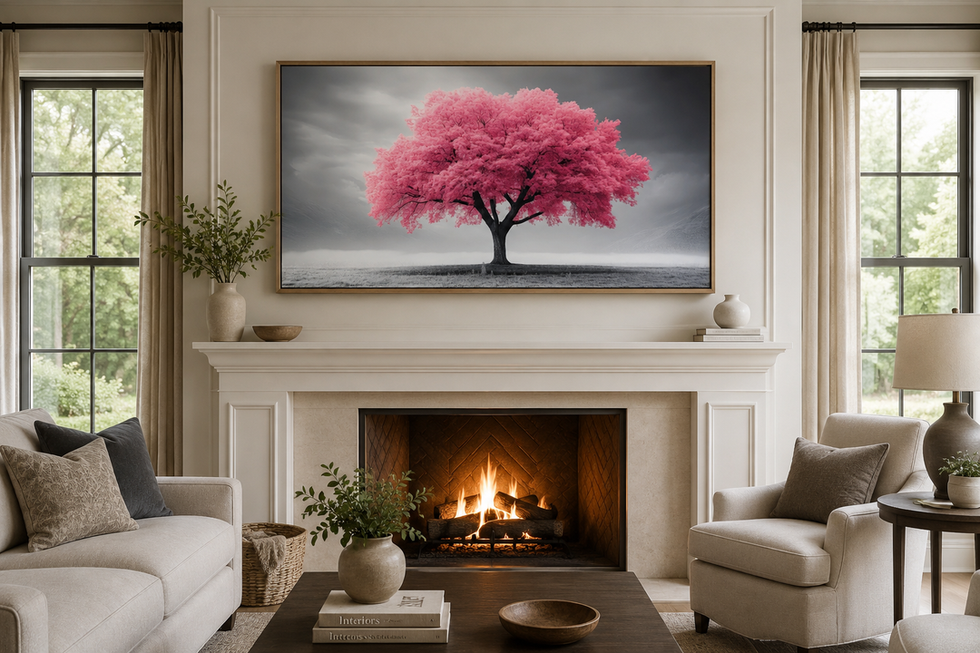 Extra large framed canvas wall art of a vibrant pink tree against a black and white background.