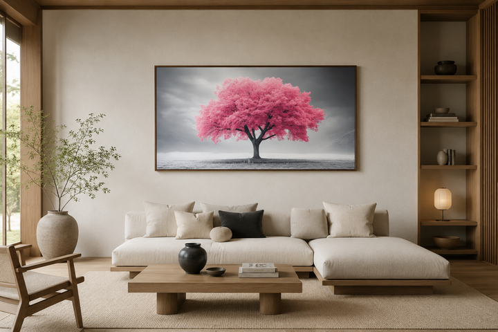 Extra large framed canvas wall art featuring a vibrant pink tree on a black and white background.