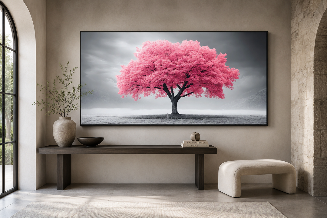Extra large framed canvas wall art featuring a vibrant pink tree on a grayscale background.