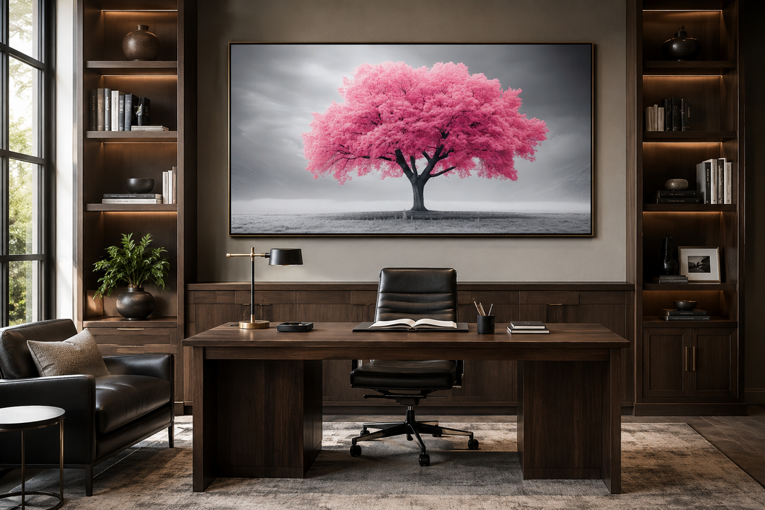 Extra large framed canvas wall art of a vibrant pink tree against a grayscale landscape background.