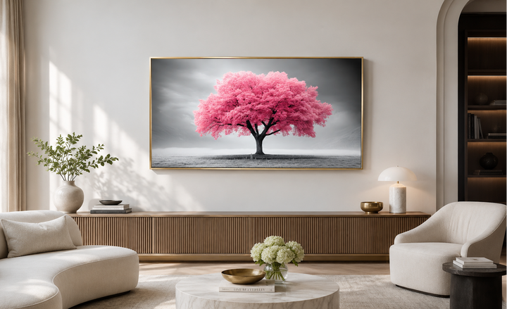 Extra large framed canvas wall art featuring a vibrant pink tree on a black and white background.