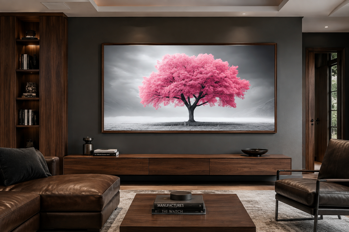 Extra large framed canvas wall art featuring a vibrant pink tree on a black and white background.