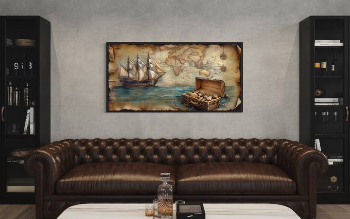 Pirate Ship And Treasure Chest On Vintage Map Nautical Framed Canvas Wall Art