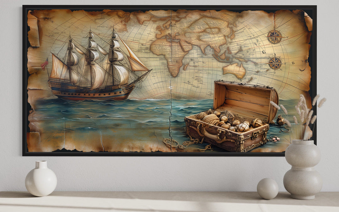 Pirate Ship And Treasure Chest On Vintage Map Nautical Framed Canvas Wall Art