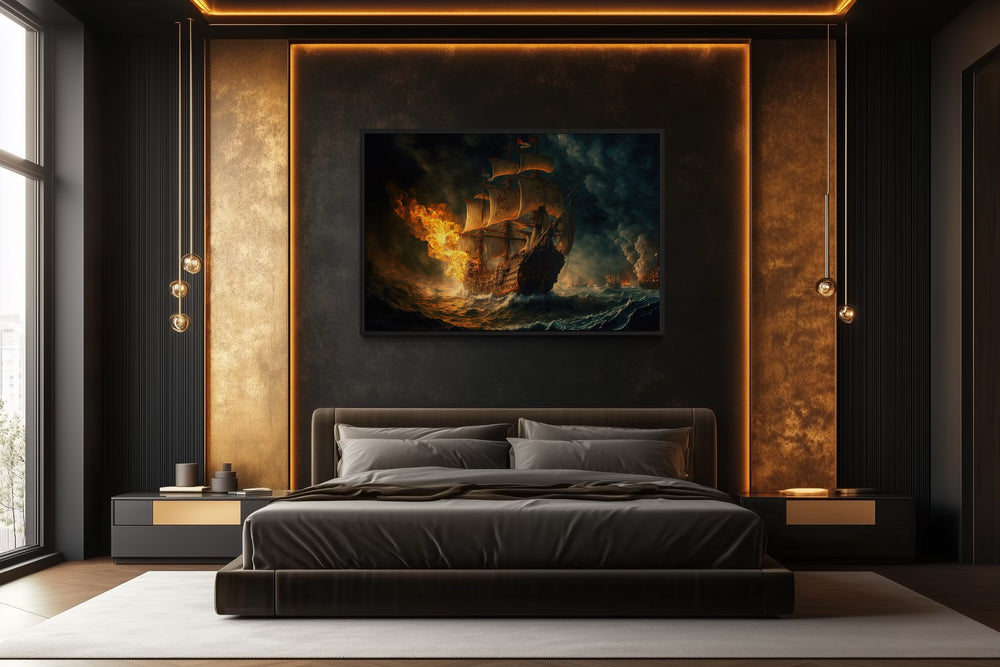 Pirate Ship Battle In Ocean Storm Nautical Framed Canvas Wall Art