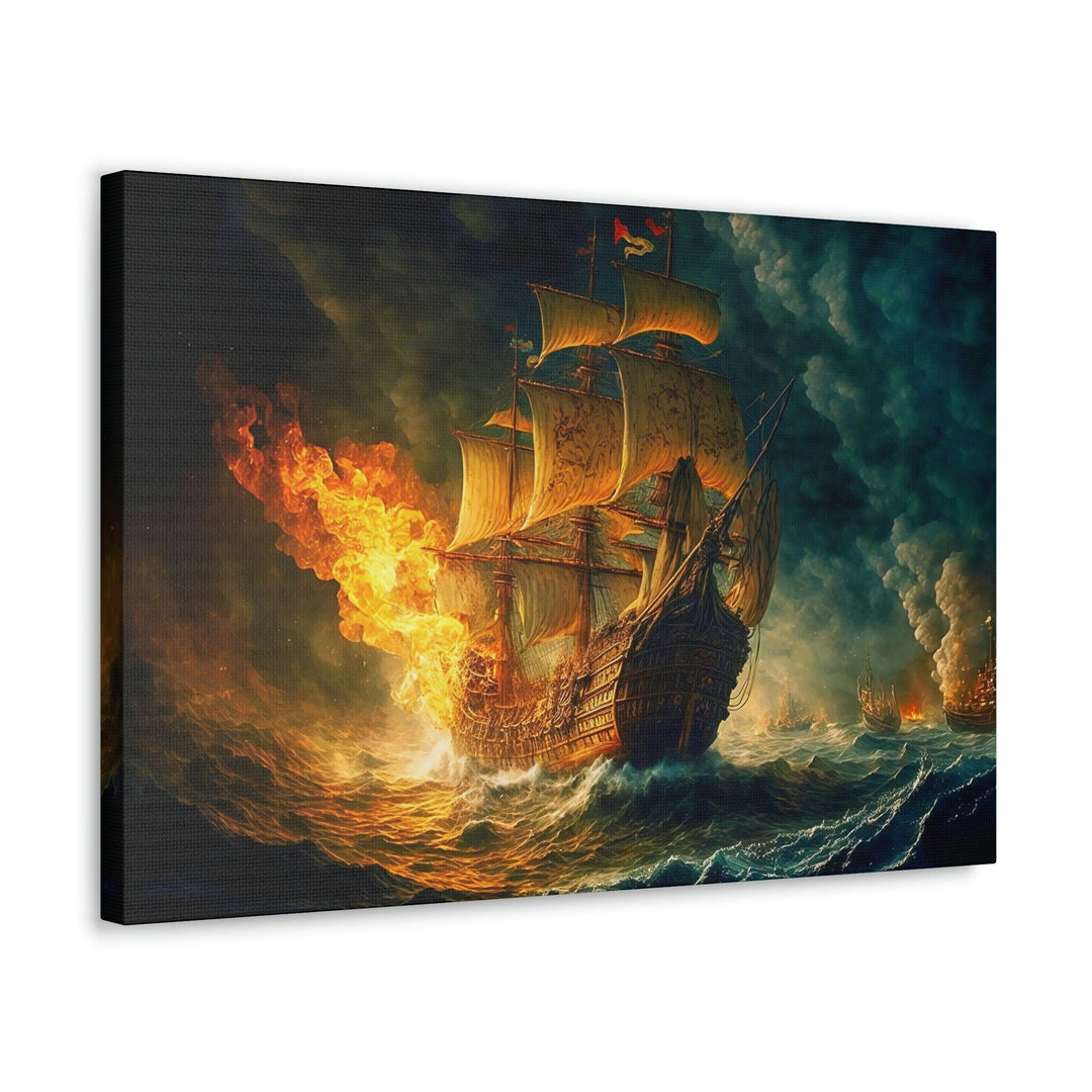 Pirate Ship Battle In Ocean Storm Nautical Framed Canvas Wall Art