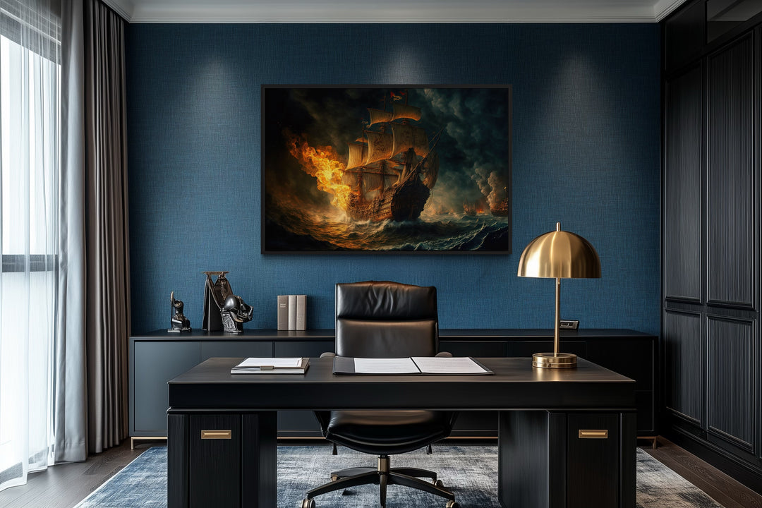 Nautical wall decor - Pirate Ship Battle In Ocean Storm Nautical Framed Canvas Wall Art