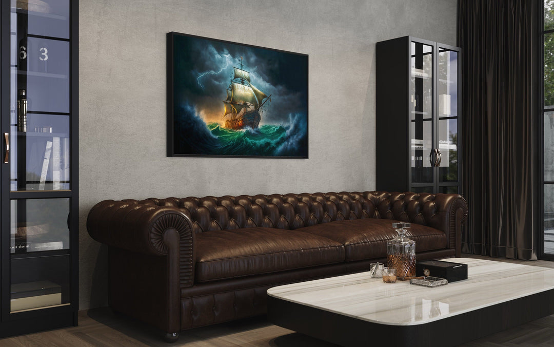 Pirate Ship In Storm Renaissance Style Nautical Framed Canvas Wall Art